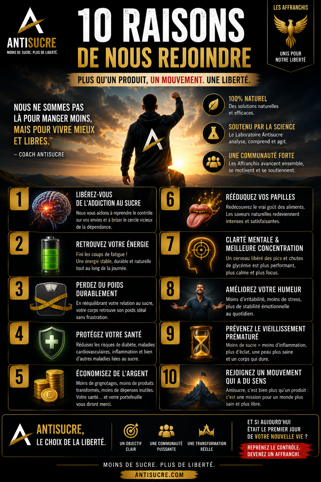 10 raisons de rejoindre Antisucre : libération, énergie, poids durable, santé, économies, papilles rééduquées, clarté mentale, humeur, vieillissement, mouvement.